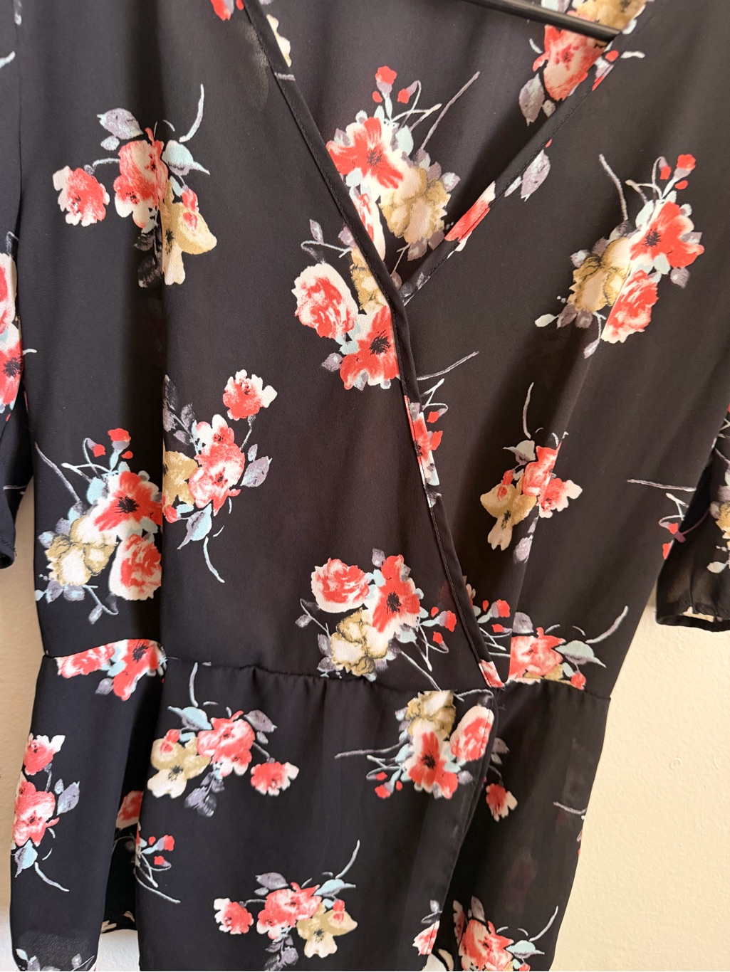 Sienna Sky Black Floral Wrap Blouse With Coral And Cream Flowers